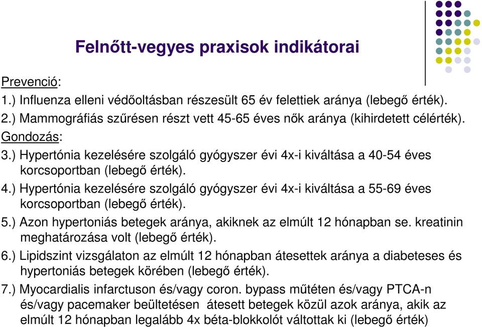 5.) Azon hypertoniás betegek aránya, akiknek az elmúlt 12 hónapban se. kreatinin meghatározása volt (lebegő érték). 6.