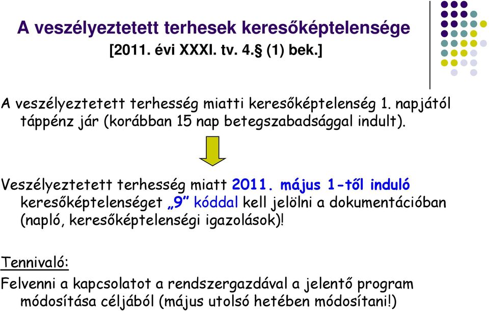 napjától táppénz jár (korábban 15 nap betegszabadsággal indult). Veszélyeztetett terhesség miatt 2011.