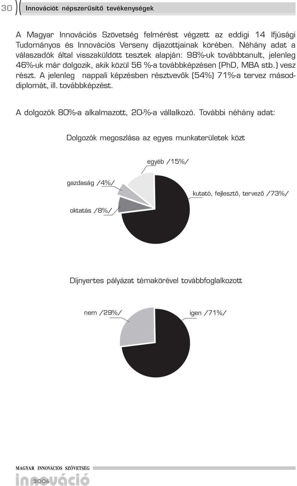 A jelenleg nappali képzésben résztvevők (54%) 71%-a tervez másoddiplomát, ill. továbbképzést. A dolgozók 80%-a alkalmazott, 20-%-a vállalkozó.