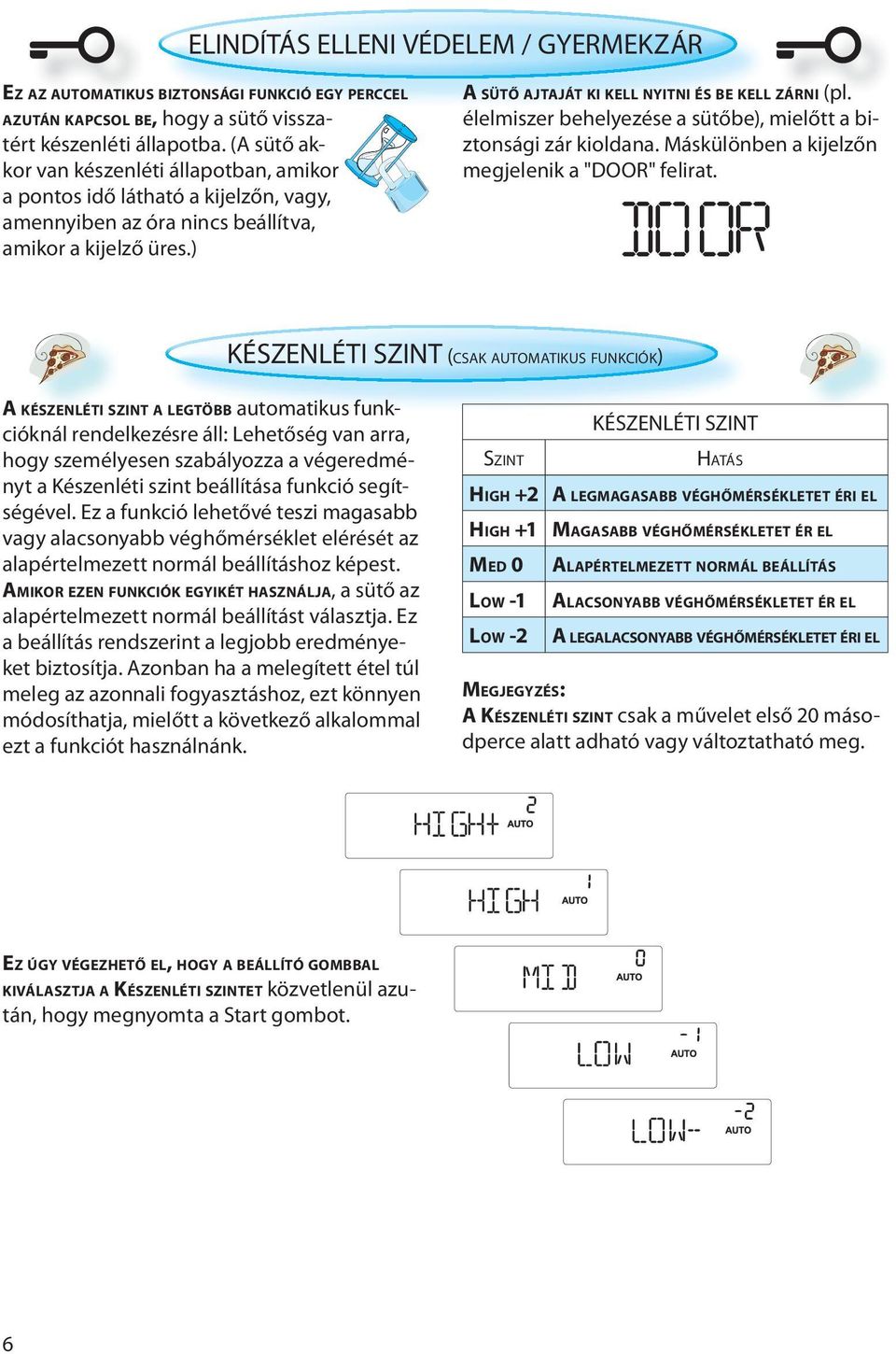 élelmiszer behelyezése a sütőbe), mielőtt a biztonsági zár kioldana. Máskülönben a kijelzőn megjelenik a "DOOR" felirat.