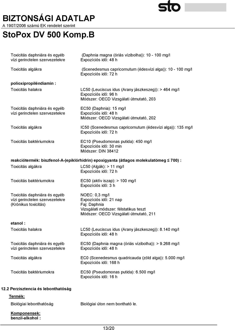 jászkeszeg)): > 464 mg/l Expozíciós idő: 96 h Módszer: OECD Vizsgálati útmutató, 203 EC50 (Daphnia): 15 mg/l Expozíciós idő: 48 h Módszer: OECD Vizsgálati útmutató, 202 IC50 (Scenedesmus