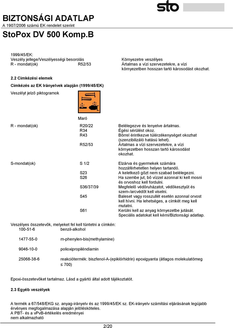 R43 Bőrrel érintkezve túlérzékenységet okozhat (szenzibilizáló hatású lehet). R52/53 Ártalmas a vízi szervezetekre, a vízi környezetben hosszan tartó károsodást okozhat.