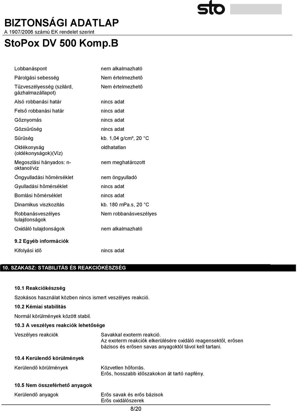 öngyulladó Dinamikus viszkozitás kb. 180 mpa.s, 20 C Robbanásveszélyes tulajdonságok Oxidáló tulajdonságok 9.2 Egyéb információk Nem robbanásveszélyes nem alkalmazható Kifolyási idő 10.