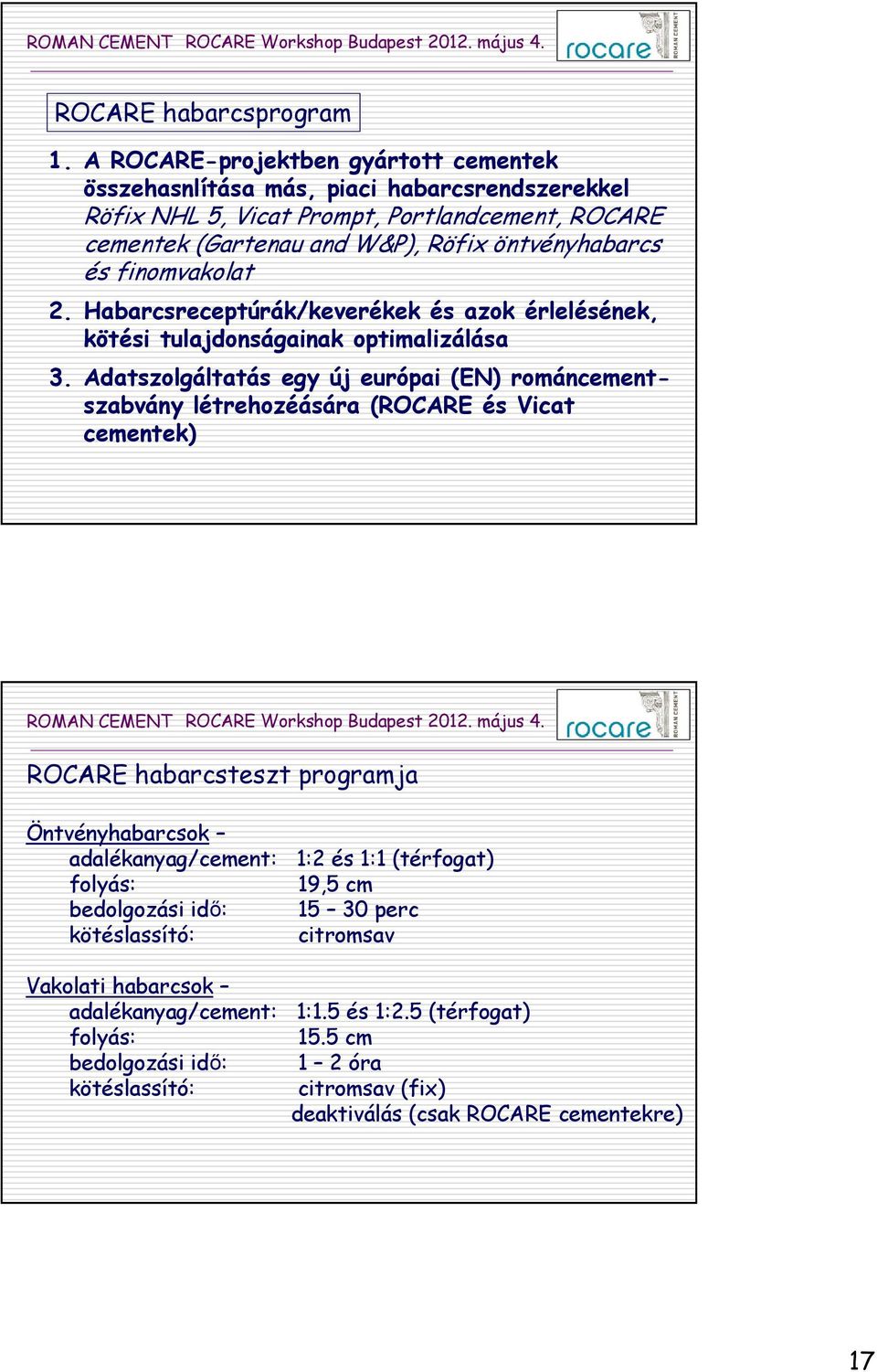 és finomvakolat 2. Habarcsreceptúrák/keverékek és azok érlelésének, kötési tulajdonságainak optimalizálása 3.