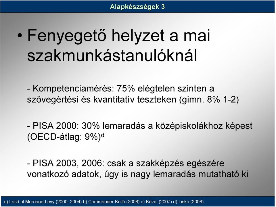 8% 1-2) - PISA 2000: 30% lemaradás a középiskolákhoz képest (OECD-átlag: 9%) d - PISA 2003, 2006: csak a