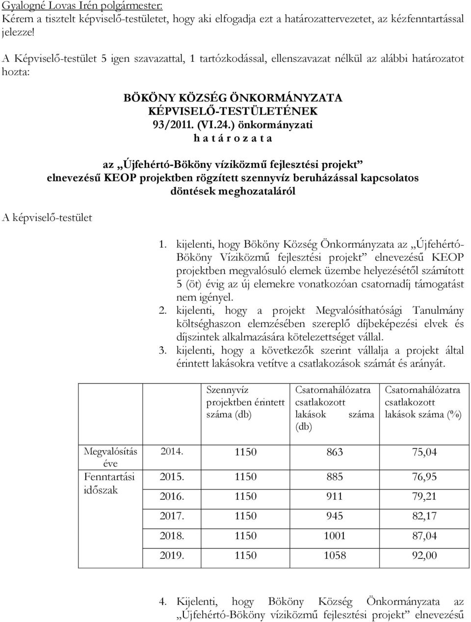 ) önkormányzati az Újfehértó-Bököny víziközmű fejlesztési projekt elnevezésű KEOP projektben rögzített szennyvíz beruházással kapcsolatos döntések meghozataláról 1.