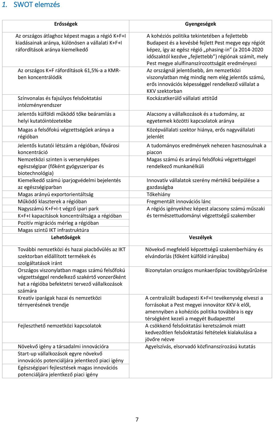 kutatói létszám a régióban, fővárosi koncentráció Nemzetközi szinten is versenyképes egészségipar (főként gyógyszeripar és biotechnológia) Kiemelkedő számú iparjogvédelmi bejelentés az