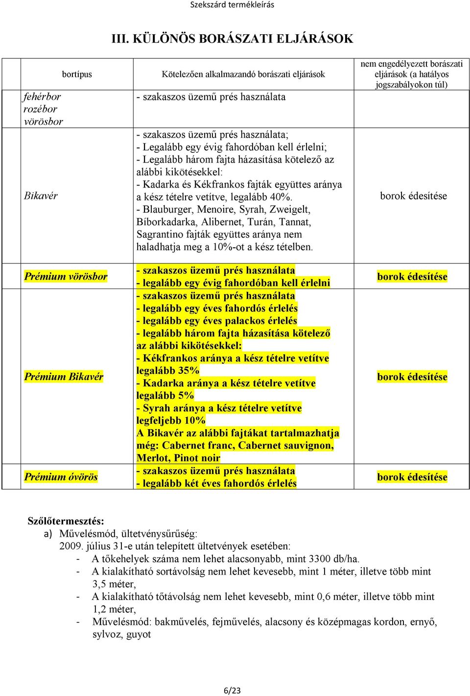 három fajta házasítása kötelező az alábbi kikötésekkel: - Kadarka és Kékfrankos fajták együttes aránya a kész tételre vetítve, legalább 40%.