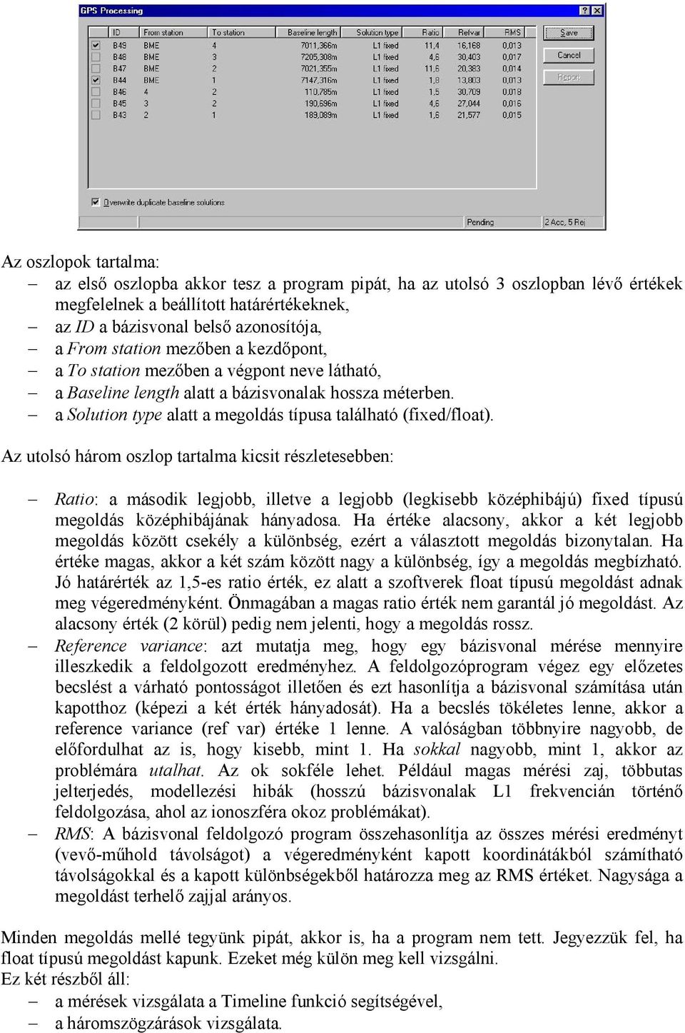 Az utolsó három oszlop tartalma kicsit részletesebben: Ratio: a második legjobb, illetve a legjobb (legkisebb középhibájú) fixed típusú megoldás középhibájának hányadosa.