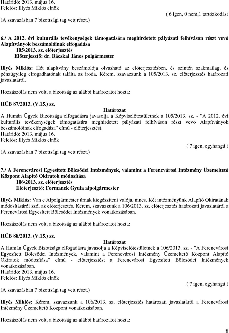 HÜB 87/2013. (V.15.) sz. A Humán Ügyek Bizottsága elfogadásra javasolja a Képviselőtestületnek a 105/2013. sz. - A 2012.