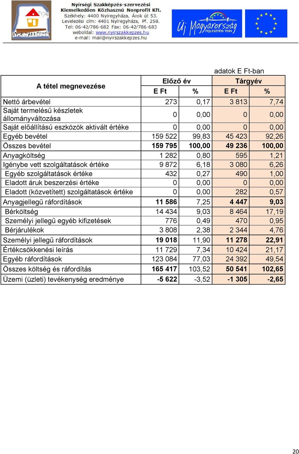 Egyéb szolgáltatások értéke 432 0,27 490 1,00 Eladott áruk beszerzési értéke 0 0,00 0 0,00 Eladott (közvetített) szolgáltatások értéke 0 0,00 282 0,57 Anyagjellegű ráfordítások 11 586 7,25 4 447 9,03