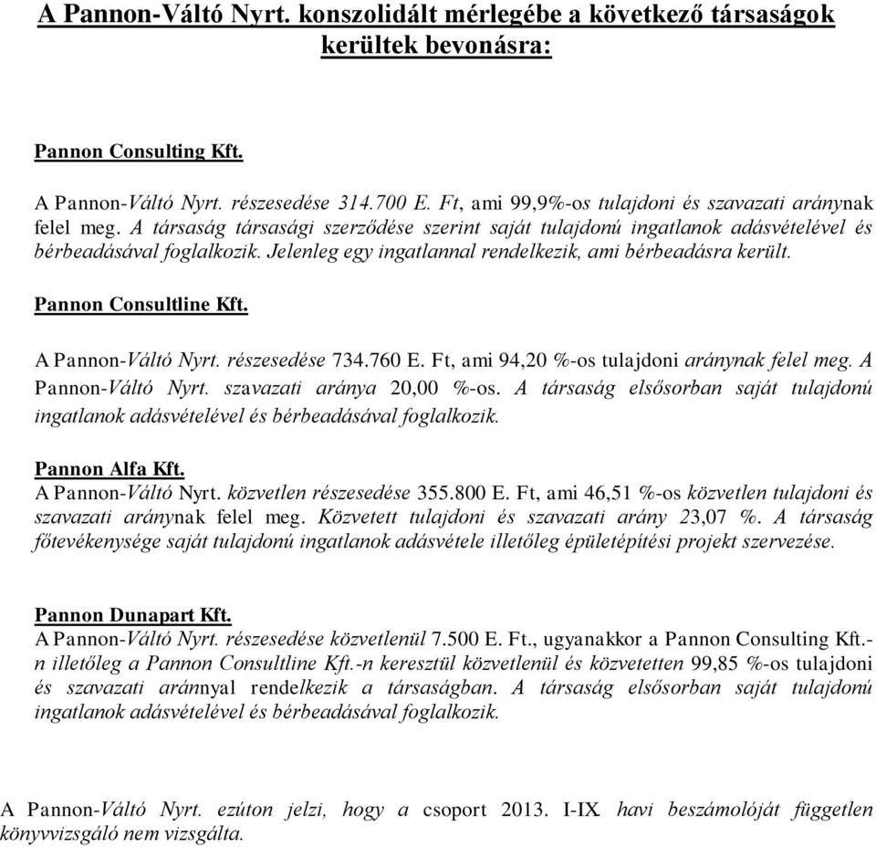 Jelenleg egy ingatlannal rendelkezik, ami bérbeadásra került. Pannon Consultline Kft. A Pannon-Váltó Nyrt. részesedése 734.760 E. Ft, ami 94,20 %-os tulajdoni aránynak felel meg. A Pannon-Váltó Nyrt. szavazati aránya 20,00 %-os.