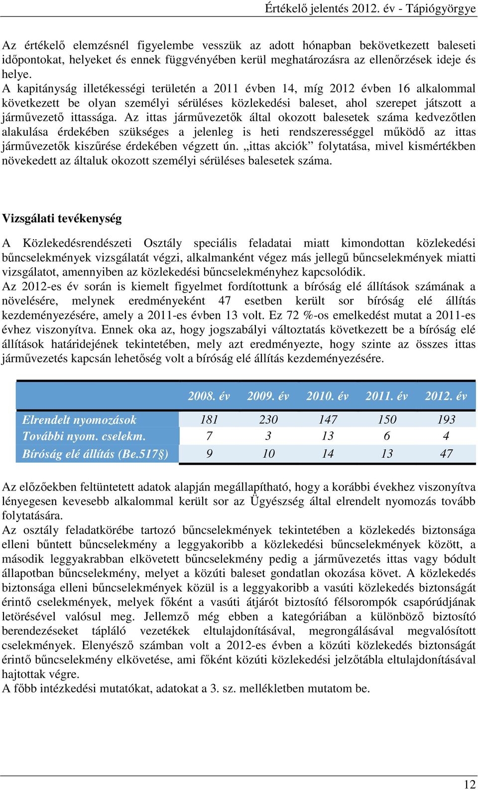 Az ittas jármővezetık által okozott balesetek száma kedvezıtlen alakulása érdekében szükséges a jelenleg is heti rendszerességgel mőködı az ittas jármővezetık kiszőrése érdekében végzett ún.