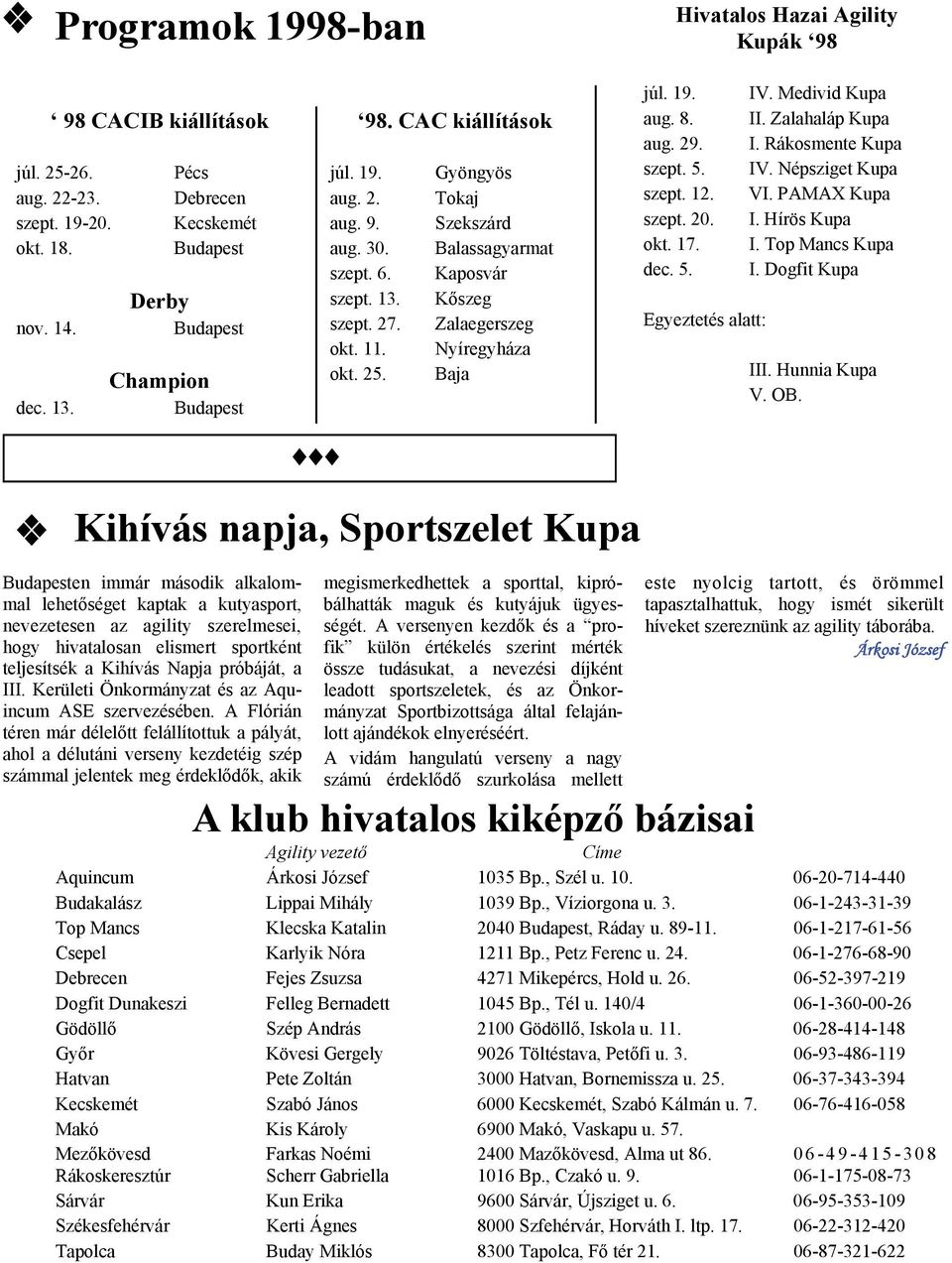 Baja júl. 19. aug. 8. aug. 29. szept. 5. szept. 12. szept. 20. okt. 17. dec. 5. Egyeztetés alatt: IV. Medivid Kupa II. Zalahaláp Kupa I. Rákosmente Kupa IV. Népsziget Kupa VI. PAMAX Kupa I.