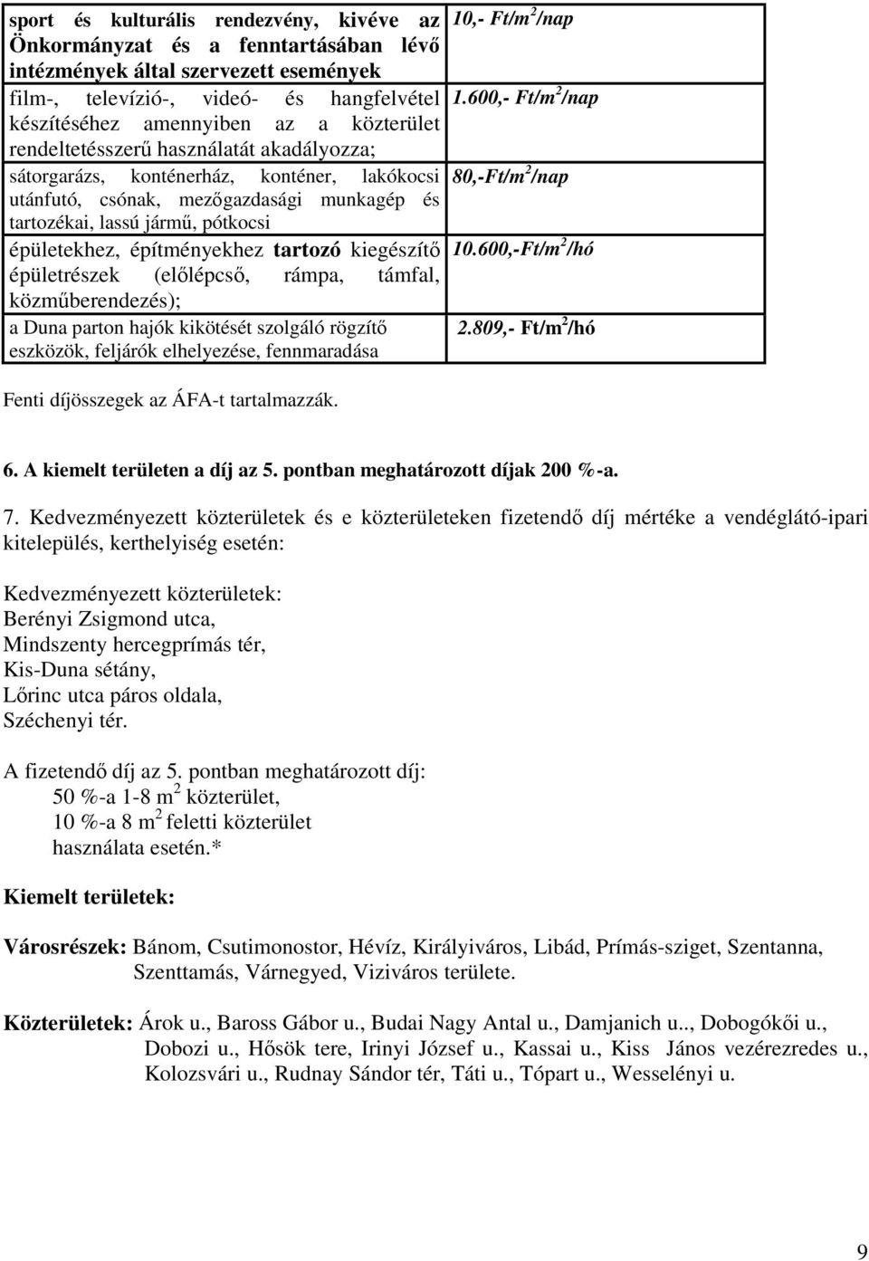 építményekhez tartozó kiegészítő épületrészek (előlépcső, rámpa, támfal, közműberendezés); a Duna parton hajók kikötését szolgáló rögzítő eszközök, feljárók elhelyezése, fennmaradása 10,- Ft/m 2 /nap