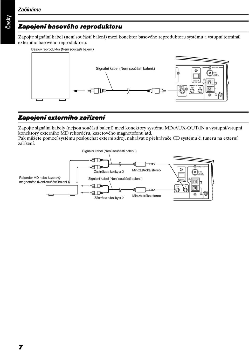 ) ANTENNA FM (75 ) COAXIAL CD DIGITAL OUT AM LOOP SUB WOOFER MD/AUX OUT IN AM EXT Zapojení externího zařízení Zapojte signální kabely (nejsou součástí balení) mezi konektory systému MD/AUX-OUT/IN a