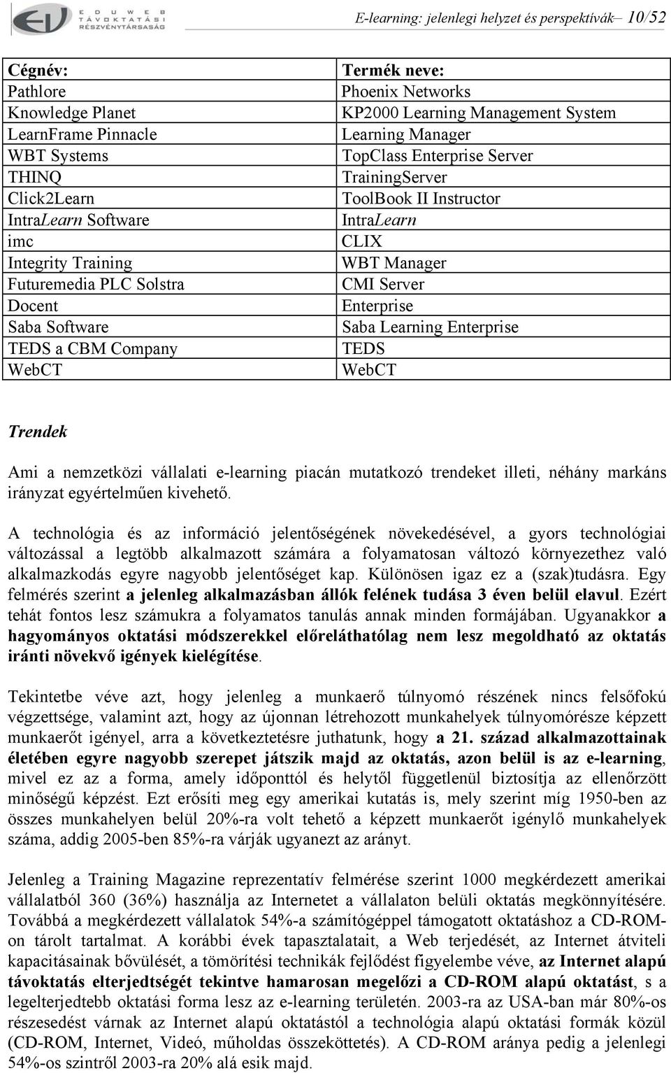 IntraLearn CLIX WBT Manager CMI Server Enterprise Saba Learning Enterprise TEDS WebCT Trendek Ami a nemzetközi vállalati e-learning piacán mutatkozó trendeket illeti, néhány markáns irányzat