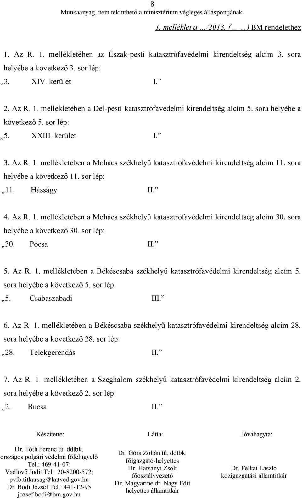 4. Az R. 1. mellékletében a Mohács székhelyű katasztrófavédelmi kirendeltség alcím 30. sora helyébe a következő 30. sor lép: 30. Pócsa II. 5. Az R. 1. mellékletében a Békéscsaba székhelyű katasztrófavédelmi kirendeltség alcím 5.