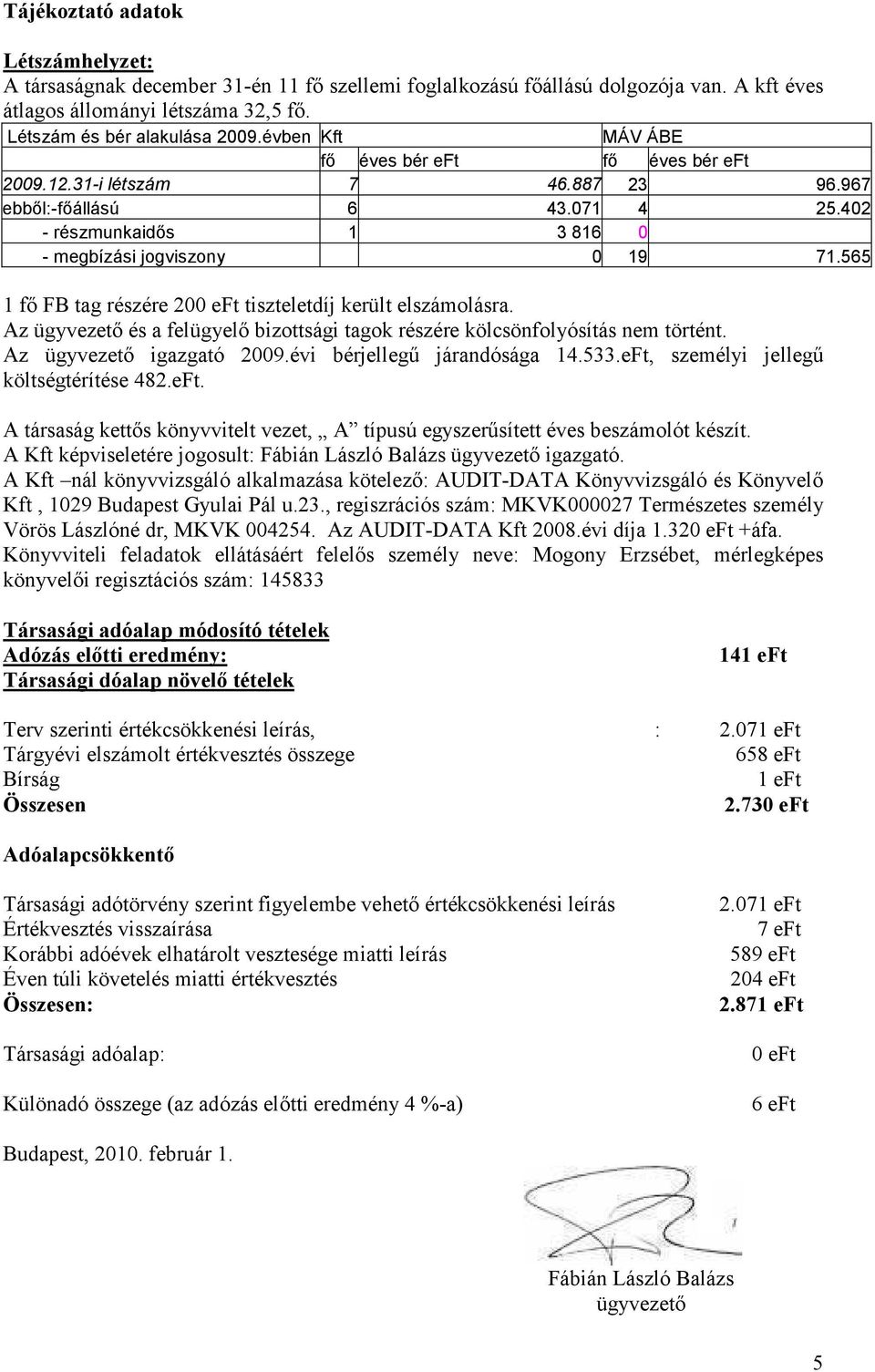 565 1 fı FB tag részére 200 eft tiszteletdíj került elszámolásra. Az ügyvezetı és a felügyelı bizottsági tagok részére kölcsönfolyósítás nem történt. Az ügyvezetı igazgató 2009.