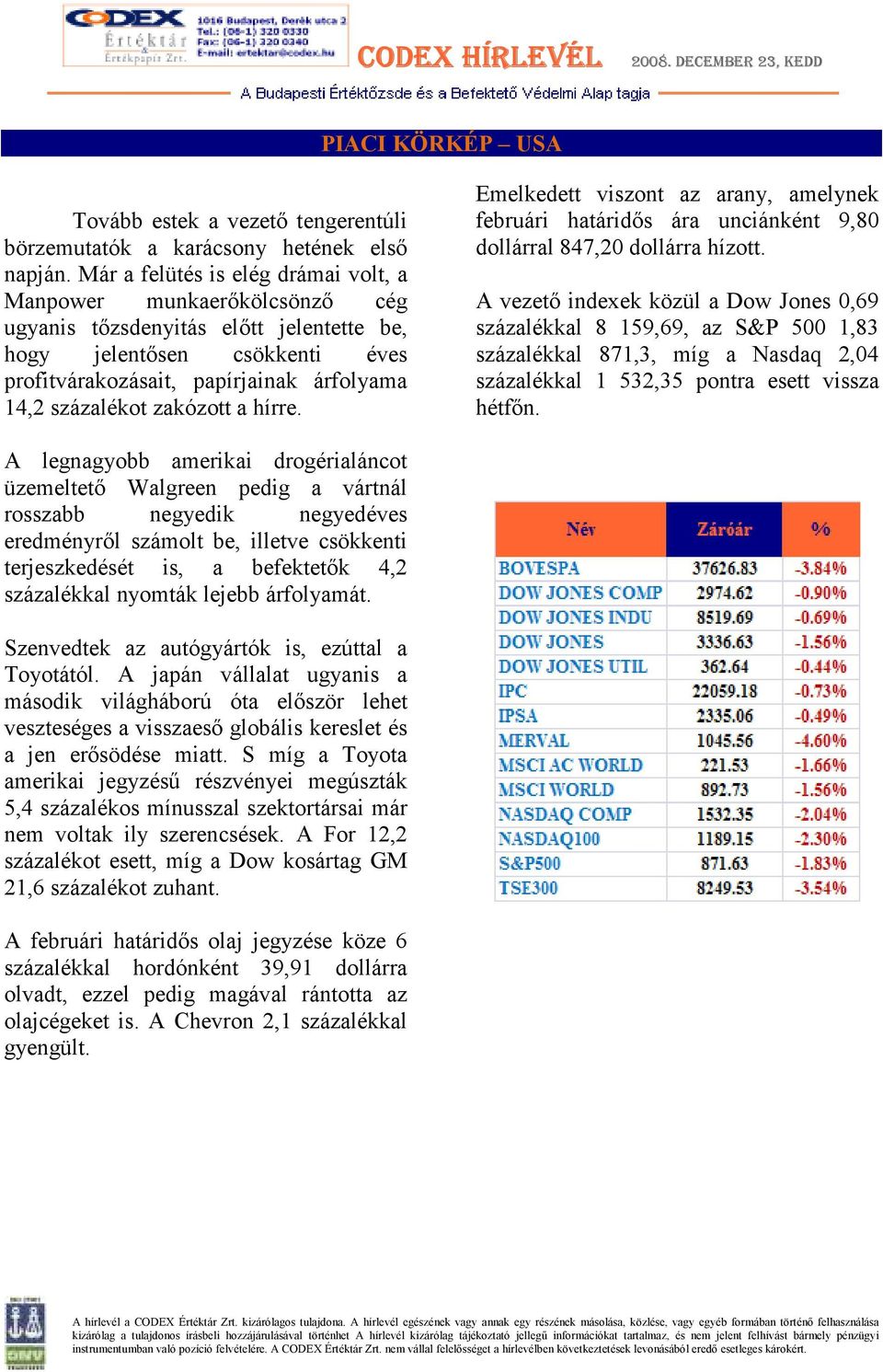 zakózott a hírre. Emelkedett viszont az arany, amelynek februári határidıs ára unciánként 9,80 dollárral 847,20 dollárra hízott.