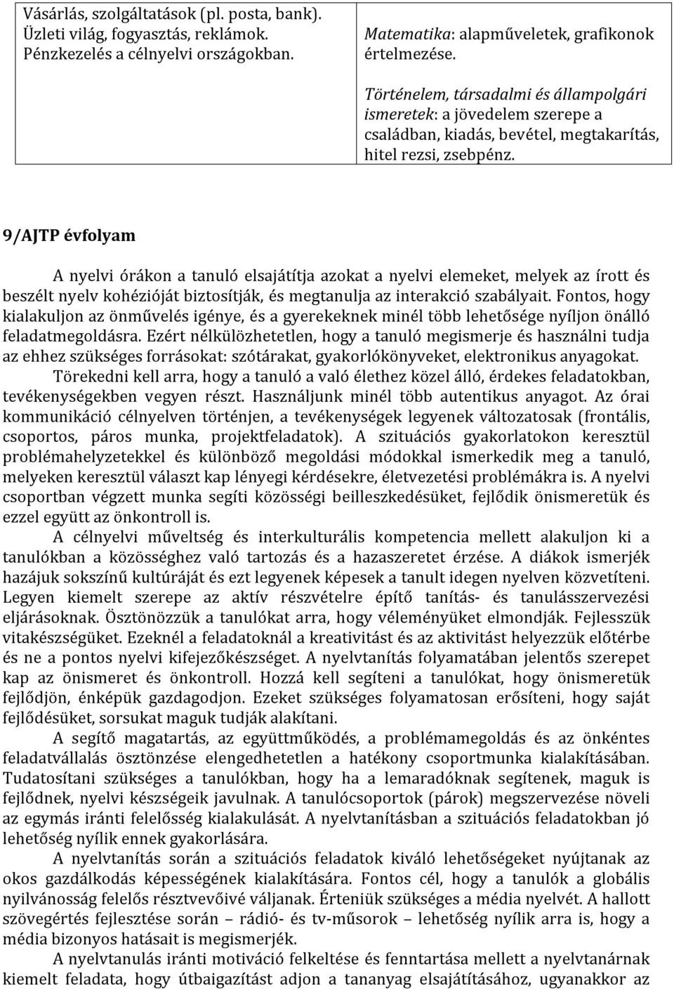 9/AJTP évfolyam A nyelvi órákon a tanuló elsajátítja azokat a nyelvi elemeket, melyek az írott és beszélt nyelv kohézióját biztosítják, és megtanulja az interakció szabályait.