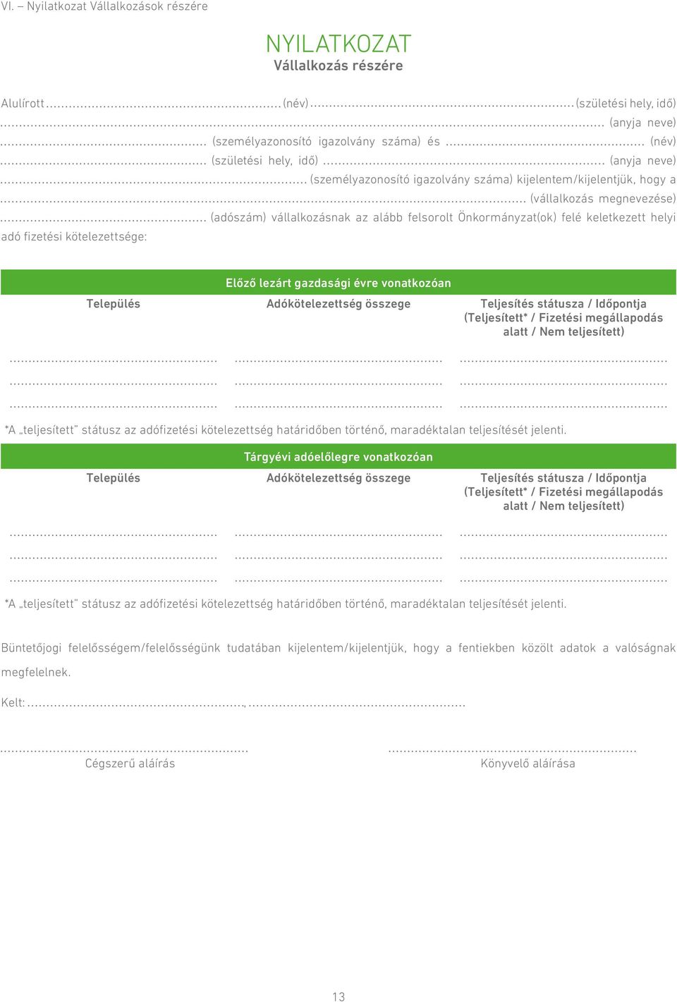 kötelezettsége: Előző lezárt gazdasági évre vonatkozóan Település Adókötelezettség összege Teljesítés státusza / Időpontja (Teljesített* / Fizetési megállapodás alatt / Nem teljesített) *A