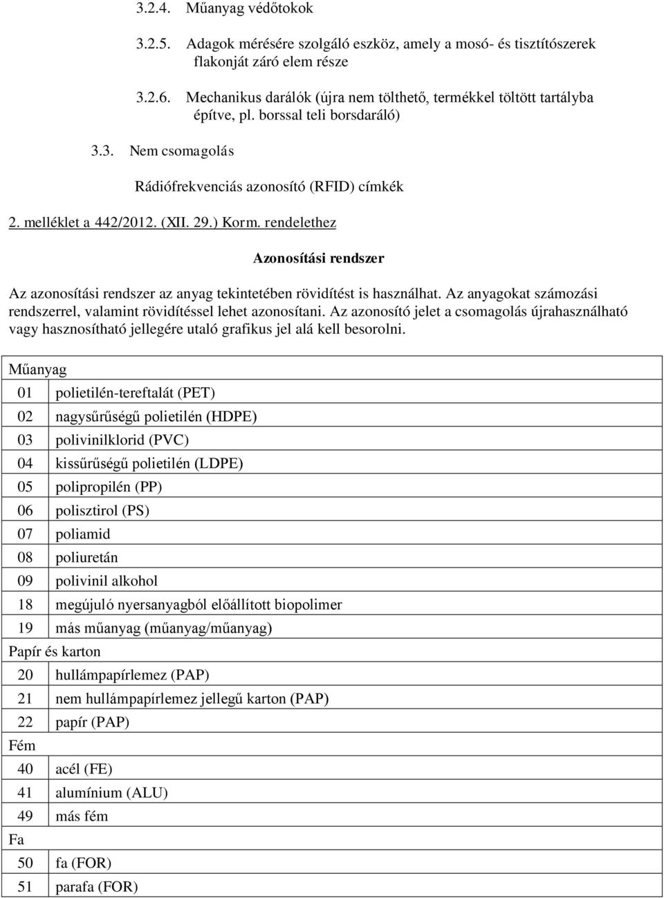 ) Korm. rendelethez Azonosítási rendszer Az azonosítási rendszer az anyag tekintetében rövidítést is használhat. Az anyagokat számozási rendszerrel, valamint rövidítéssel lehet azonosítani.