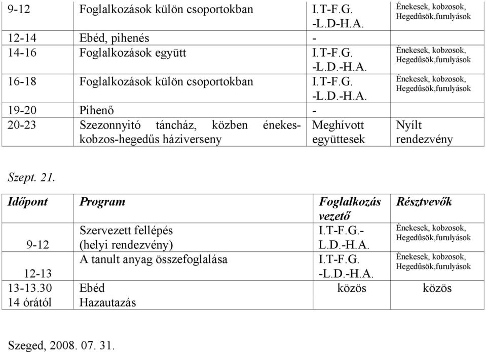 19-20 Pihenő - 20-23 Szezonnyitó táncház, közben énekeskobzos-hegedűs Meghívott háziverseny együttesek Nyílt rendezvény Szept.