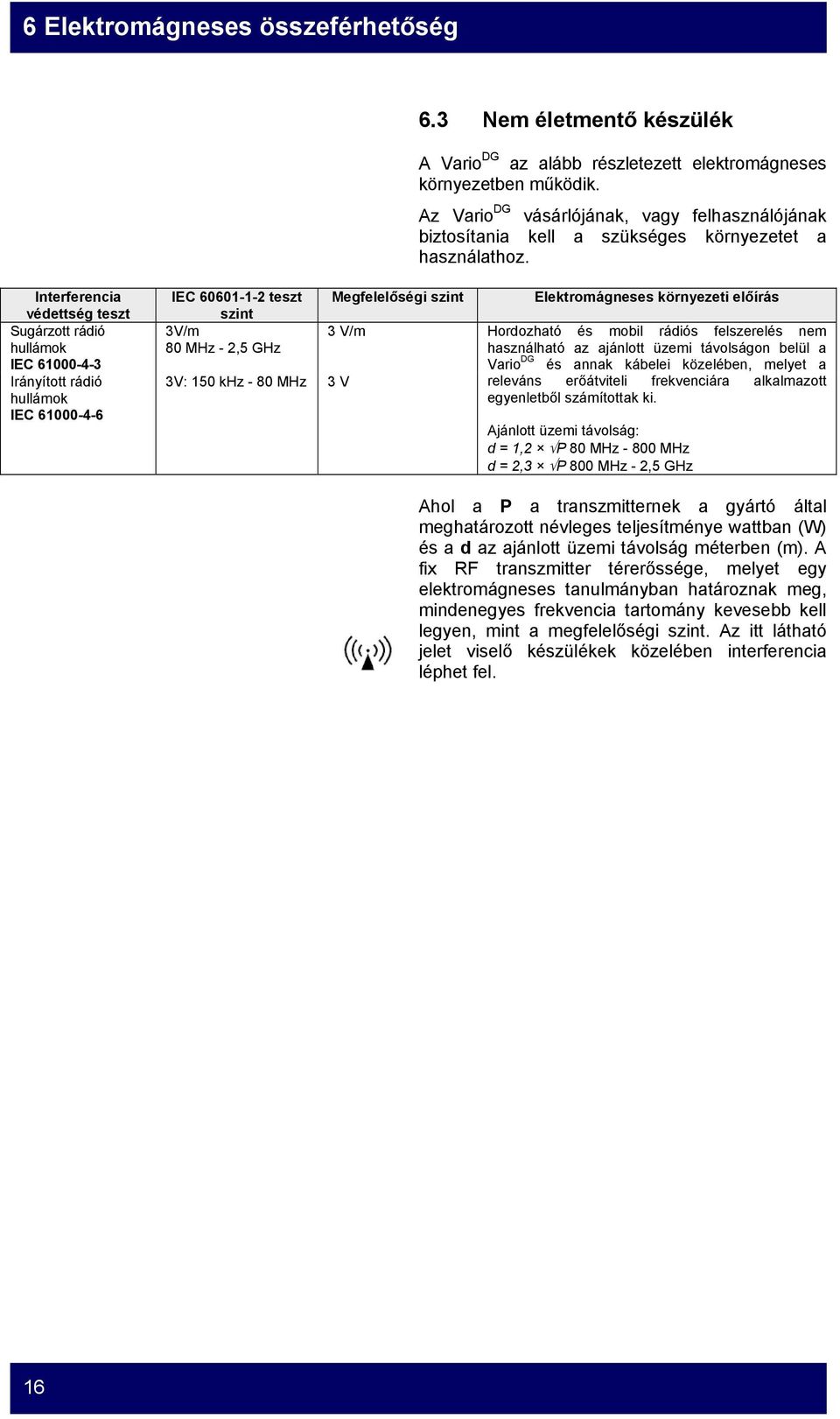 Interferencia védettség teszt Sugárzott rádió hullámok IEC 61000-4-3 Irányított rádió hullámok IEC 61000-4-6 IEC 60601-1-2 teszt szint 3V/m 80 MHz - 2,5 GHz Megfelelőségi szint 3 V/m 3V: 150 khz - 80