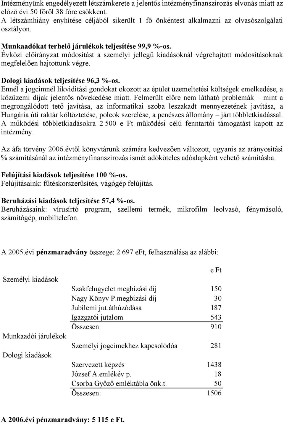 Évközi előirányzat módosítást a személyi jellegű kiadásoknál végrehajtott módosításoknak megfelelően hajtottunk végre. Dologi kiadások teljesítése 96,3 %-os.