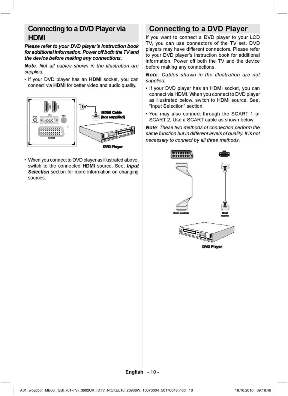 Connecting to a DVD Player If you want to connect a DVD player to your LCD TV, you can use connectors of the TV set. DVD players may have different connectors.