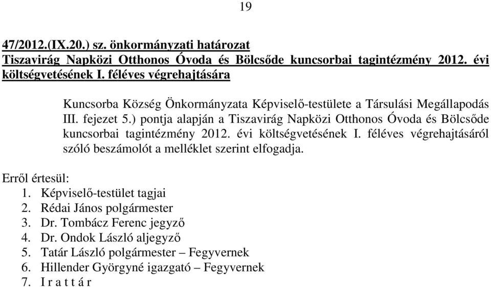 ) pontja alapján a Tiszavirág Napközi Otthonos Óvoda és Bölcsıde kuncsorbai tagintézmény 2012. évi költségvetésének I.