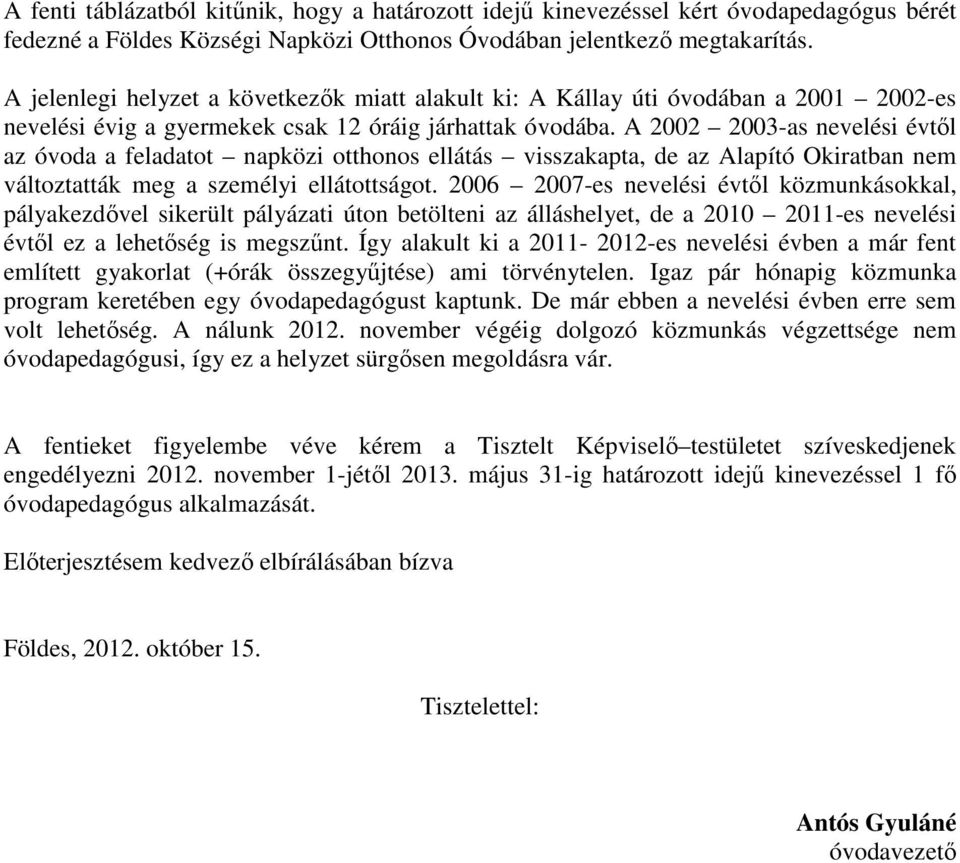 A 2002 2003-as nevelési évtől az óvoda a feladatot napközi otthonos ellátás visszakapta, de az Alapító Okiratban nem változtatták meg a személyi ellátottságot.