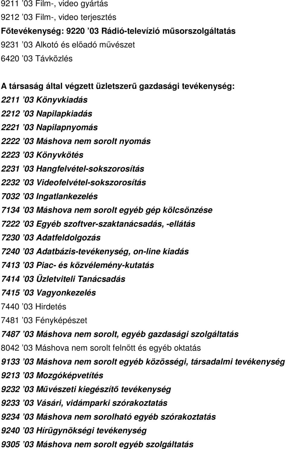 Videofelvétel-sokszorosítás 7032 03 Ingatlankezelés 7134 03 Máshova nem sorolt egyéb gép kölcsönzése 7222 03 Egyéb szoftver-szaktanácsadás, -ellátás 7230 03 Adatfeldolgozás 7240 03