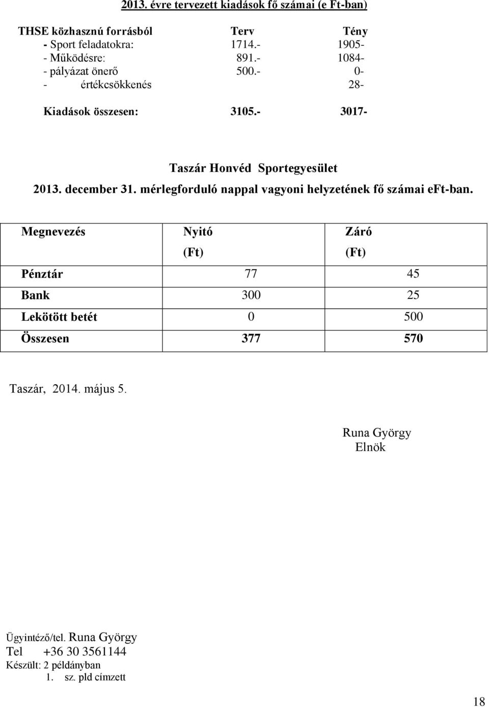 mérlegforduló nappal vagyoni helyzetének fő számai eft-ban.