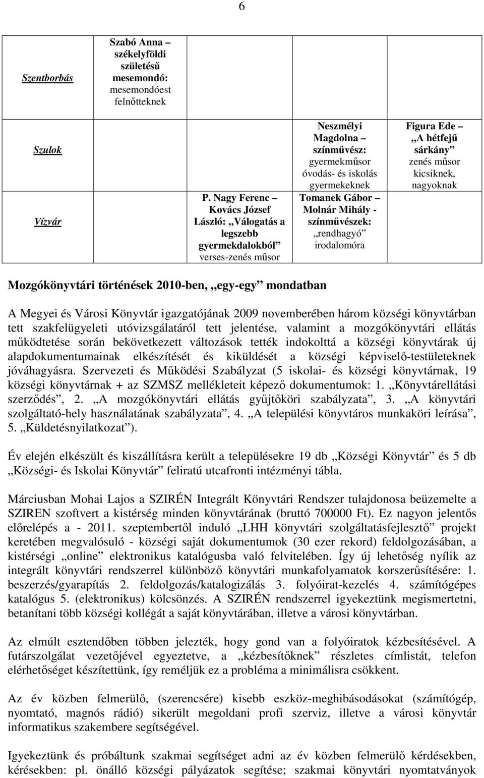 színmővészek: rendhagyó irodalomóra Figura Ede A hétfejő sárkány zenés mősor kicsiknek, nagyoknak Mozgókönyvtári történések 2010-ben, egy-egy mondatban A Megyei és Városi Könyvtár igazgatójának 2009