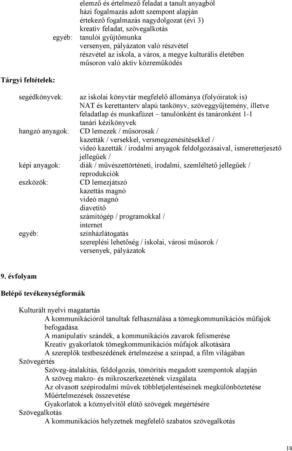 (folyóiratok is) NAT és kerettanterv alapú tankönyv, szöveggyűjtemény, illetve feladatlap és munkafüzet tanulónként és tanáronként 1-1 tanári kézikönyvek hangzó anyagok: CD lemezek / műsorosak /