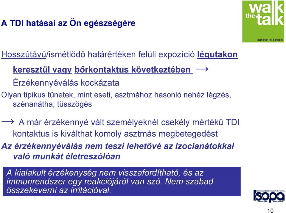 személyeknél csekély mértékű TDI kontaktus is kiválthat komoly asztmás megbetegedést Az érzékennyéválás nem teszi lehetővé az izocianátokkal