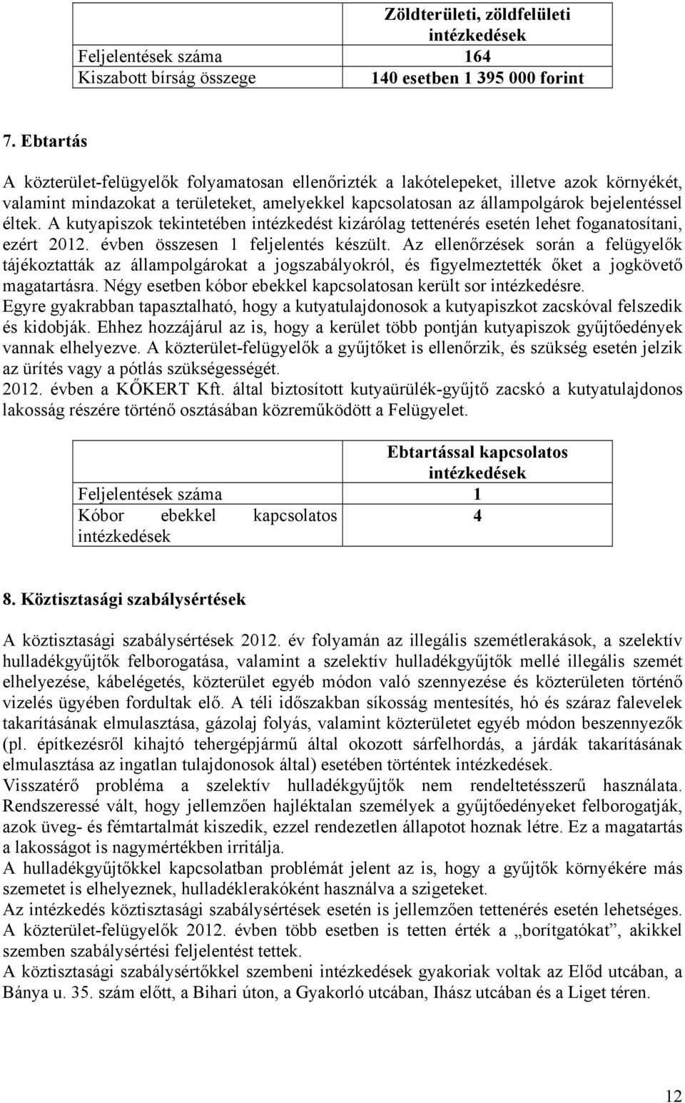 A kutyapiszok tekintetében intézkedést kizárólag tettenérés esetén lehet foganatosítani, ezért 2012. évben összesen 1 feljelentés készült.