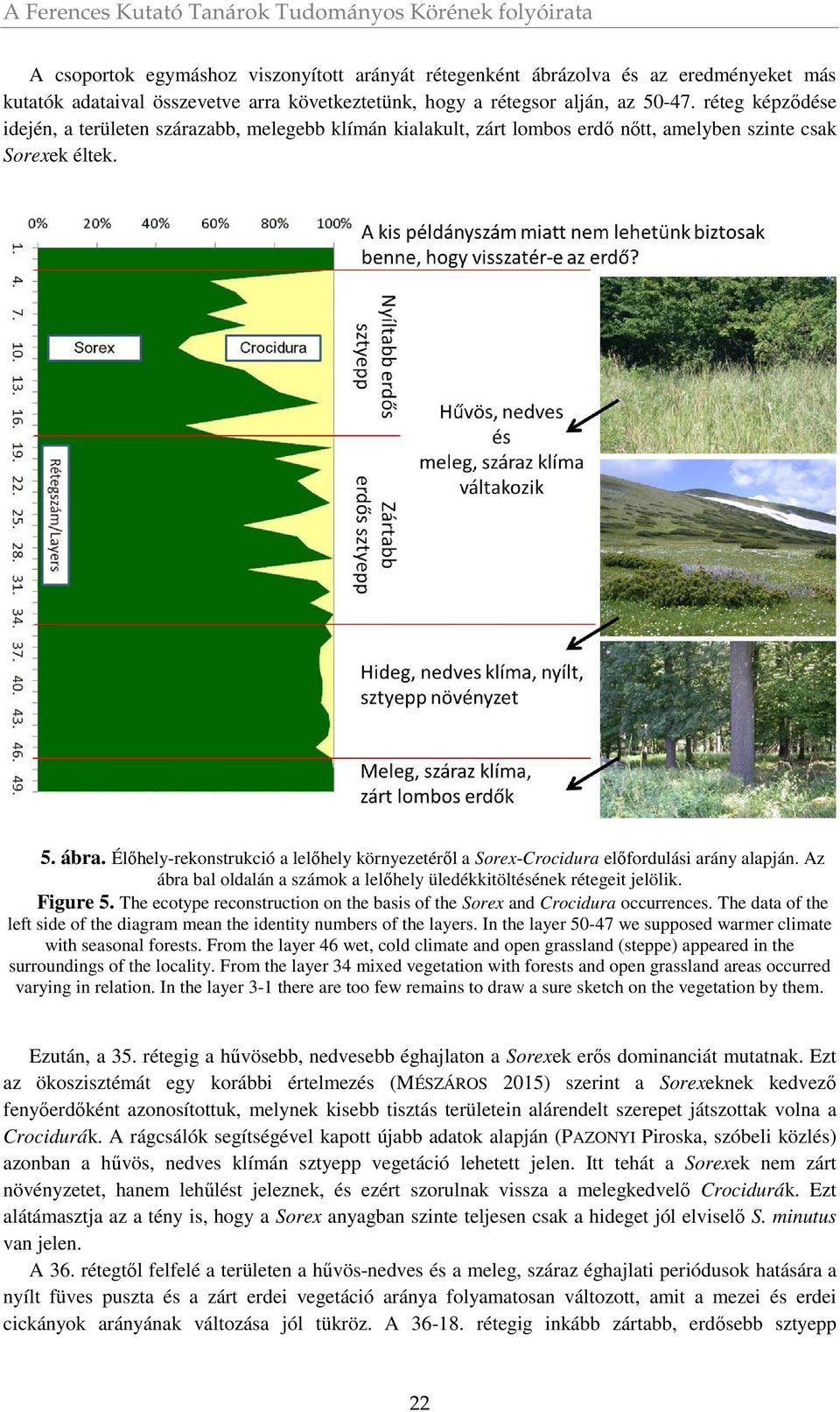 Élőhely-rekonstrukció a lelőhely környezetéről a Sorex-Crocidura előfordulási arány alapján. Az ábra bal oldalán a számok a lelőhely üledékkitöltésének rétegeit jelölik. Figure 5.