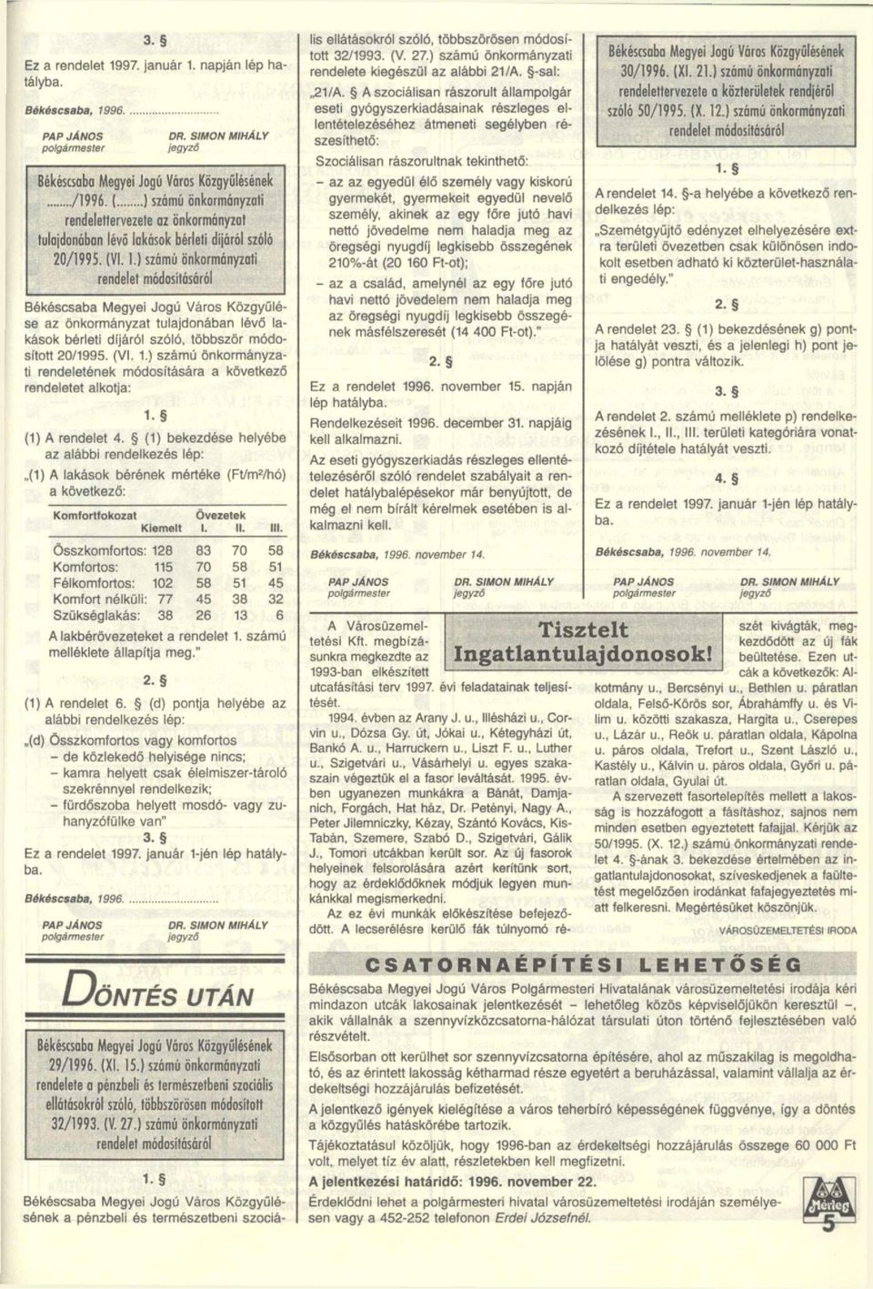 (1) bekezdése helyébe az alábbi rendelkezés lép: (1) A lakások bérének mértéke (Ft/m 2 /hó) a következő: Komfortfokozat Kiemelt Övezetek 1. II. III.