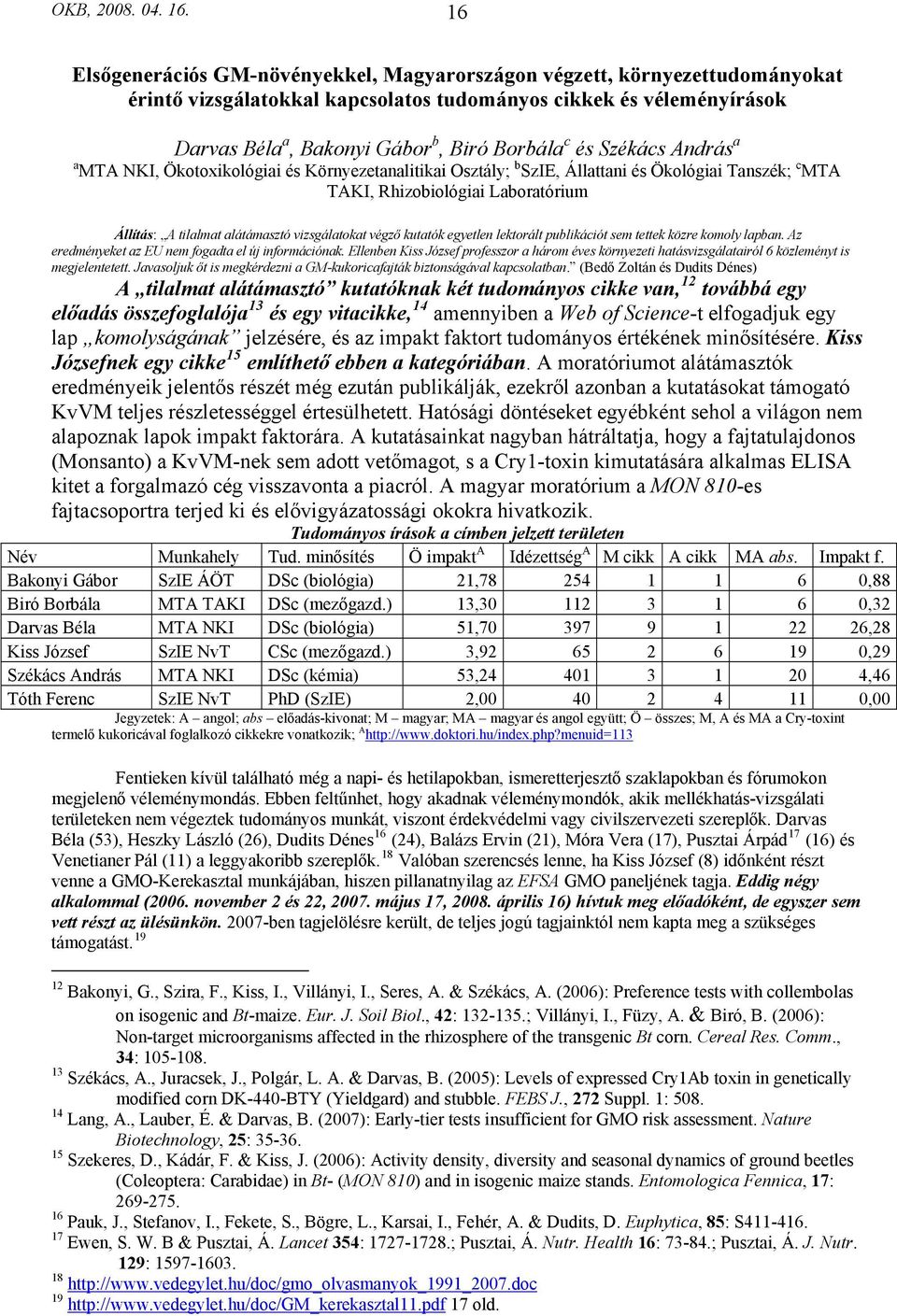 Székács András a a MTA NKI, Ökotoxikológiai és Környezetanalitikai Osztály; b SzIE, Állattani és Ökológiai Tanszék; c MTA TAKI, Rhizobiológiai Laboratórium Állítás: A tilalmat alátámasztó