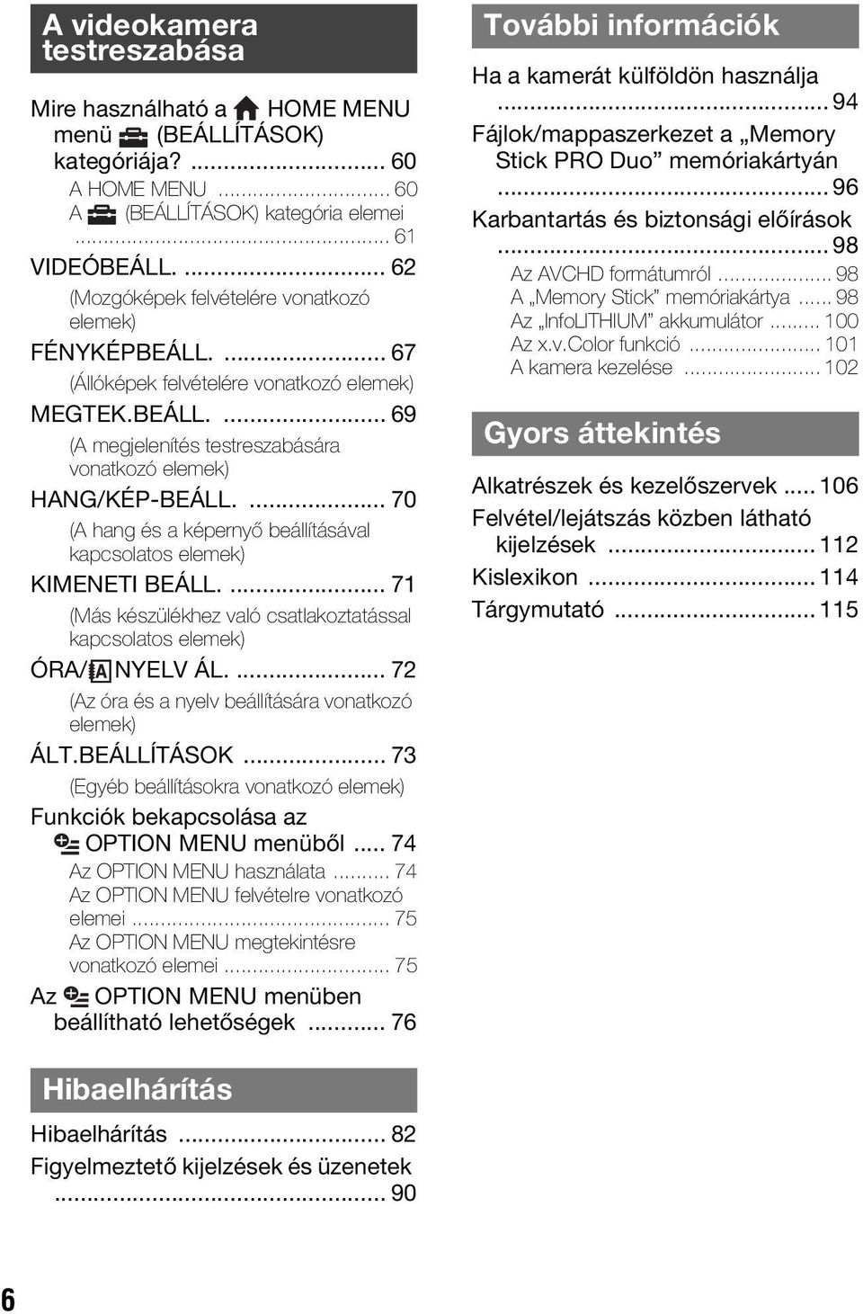 ... 70 (A hang és a képernyő beállításával kapcsolatos elemek) KIMENETI BEÁLL.... 71 (Más készülékhez való csatlakoztatással kapcsolatos elemek) ÓRA/ NYELV ÁL.