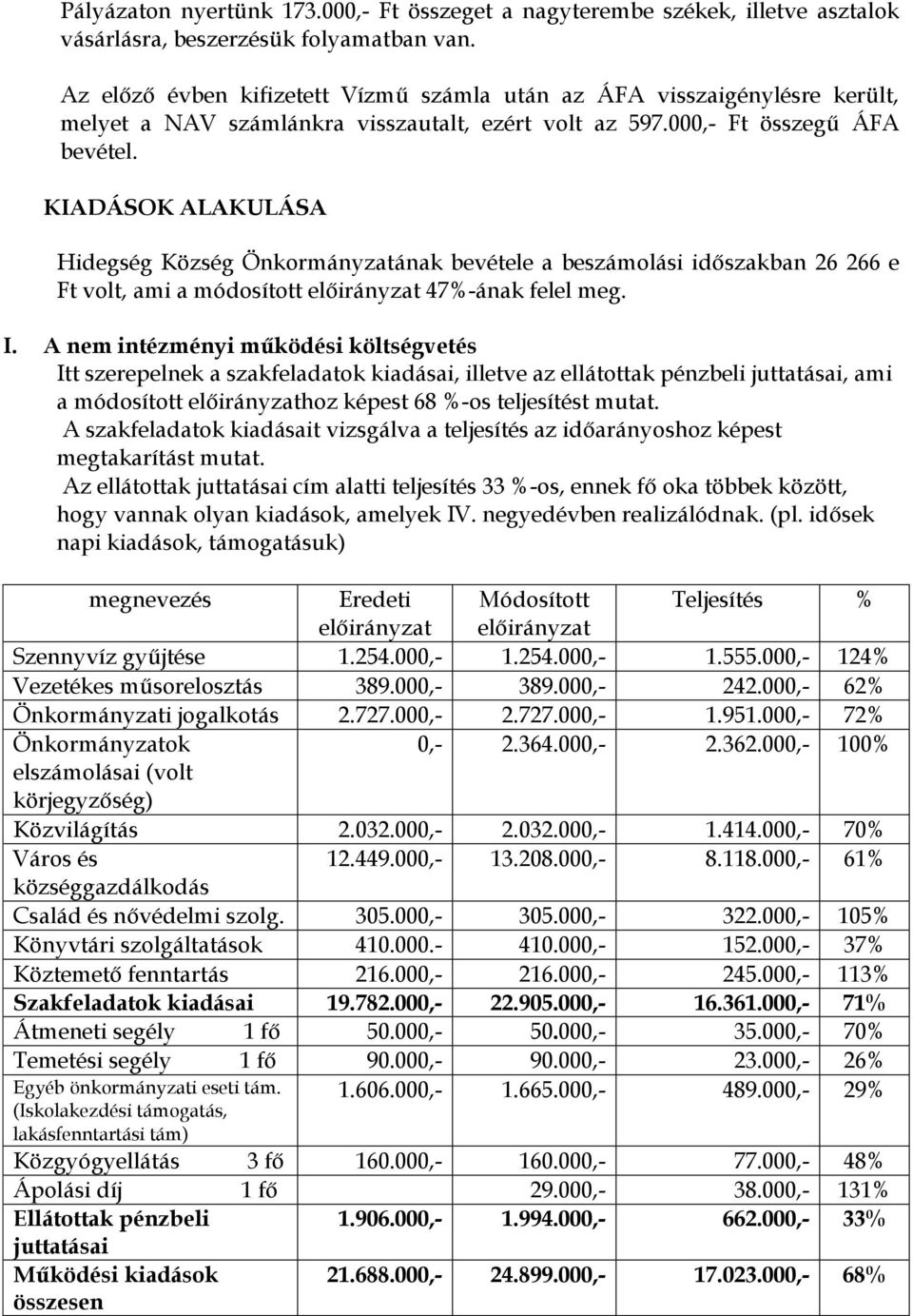 KIADÁSOK ALAKULÁSA Hidegség Község Önkormányzatának bevétele a beszámolási időszakban 26 266 e Ft volt, ami a módosított előirányzat 47%-ának felel meg. I.