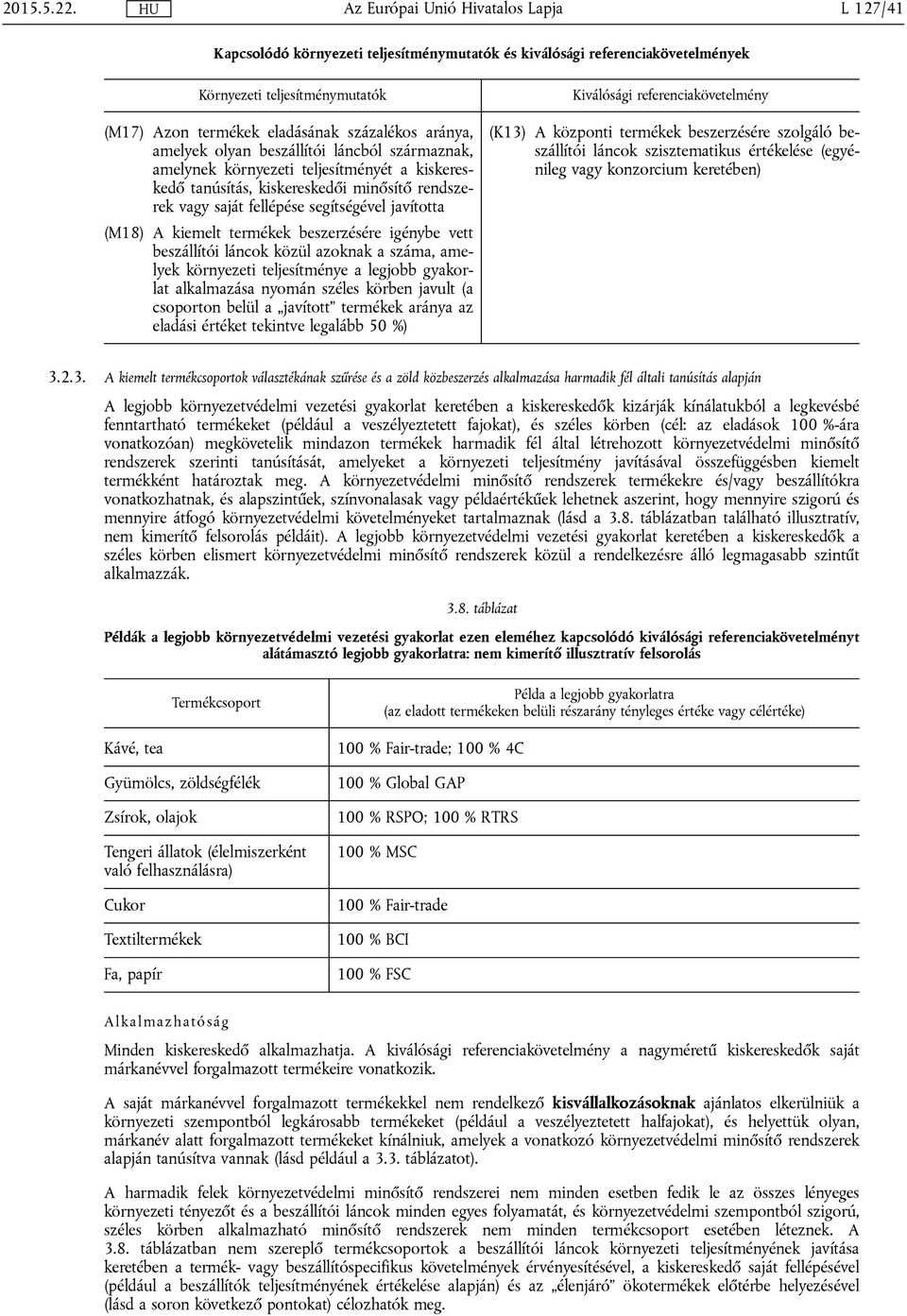 vagy saját fellépése segítségével javította (M18) A kiemelt termékek beszerzésére igénybe vett beszállítói láncok közül azoknak a száma, amelyek környezeti teljesítménye a legjobb gyakorlat