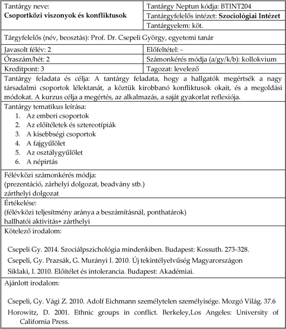 lélektanát, a köztük kirobbanó konfliktusok okait, és a megoldási módokat. A kurzus célja a megértés, az alkalmazás, a saját gyakorlat reflexiója. 1. Az emberi csoportok 2.