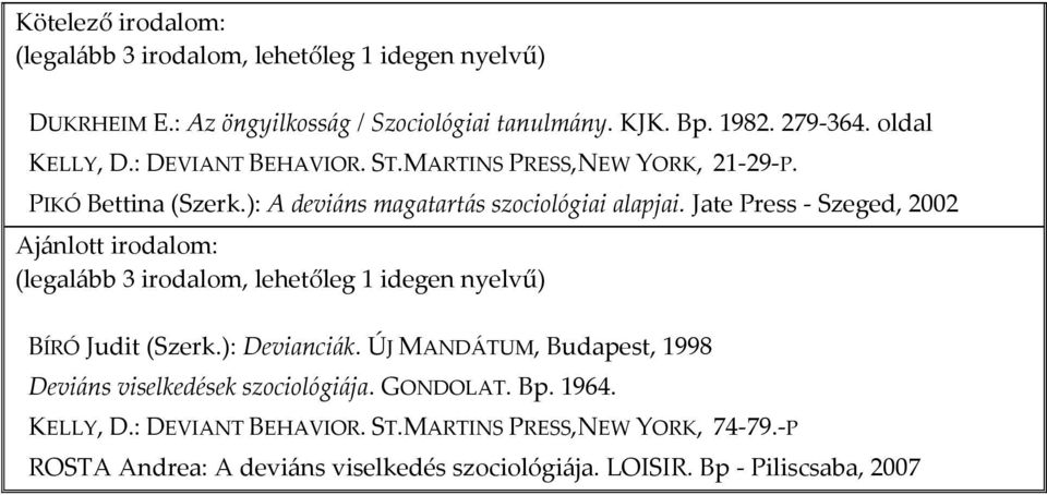 Jate Press - Szeged, 2002 BÍRÓ Judit (Szerk.): Devianciák. ÚJ MANDÁTUM, Budapest, 1998 Deviáns viselkedések szociológiája.