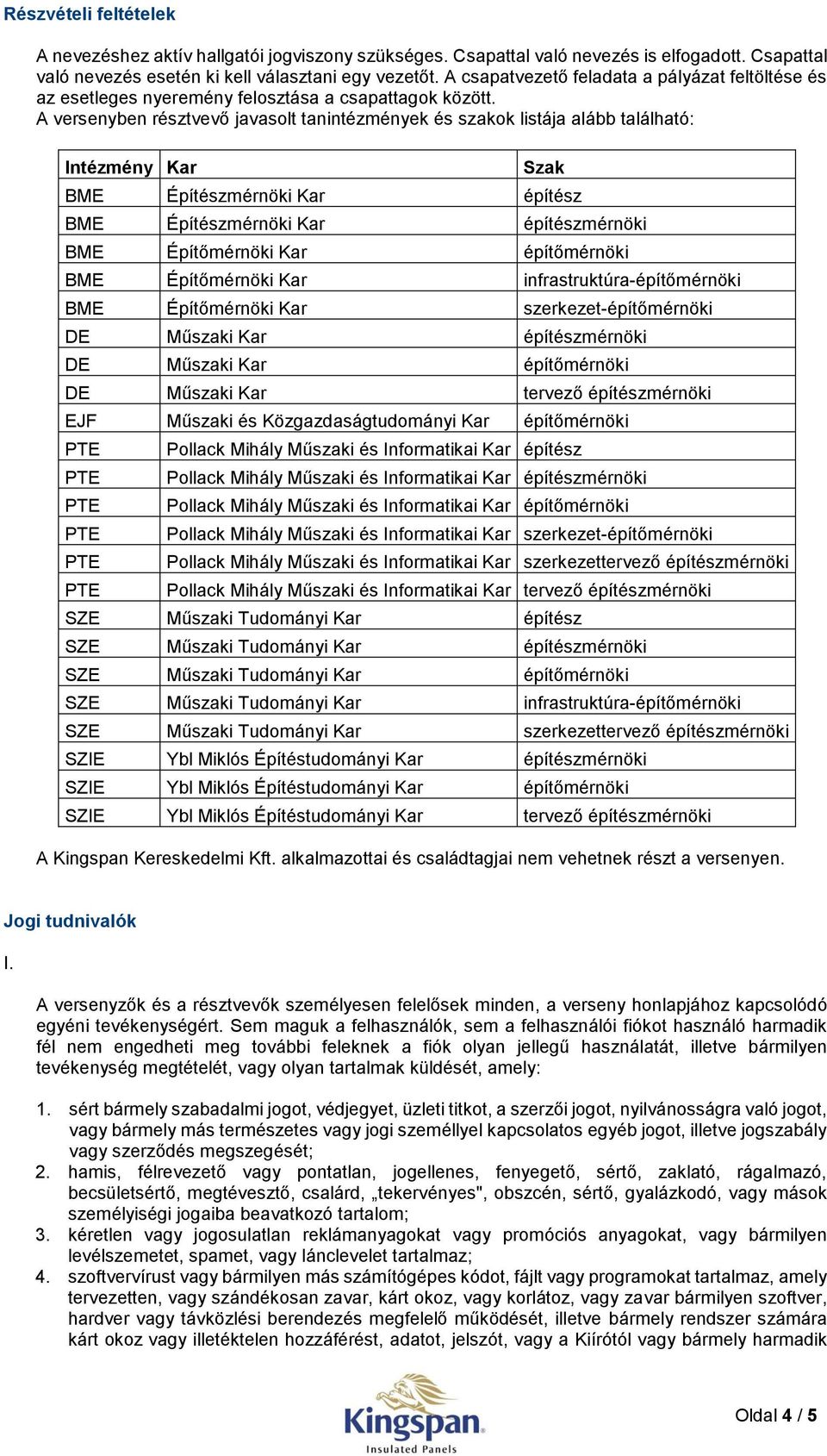 A versenyben résztvevő javasolt tanintézmények és szakok listája alább található: Intézmény Kar Szak BME Építészmérnöki Kar építész BME Építészmérnöki Kar építészmérnöki BME Építőmérnöki Kar