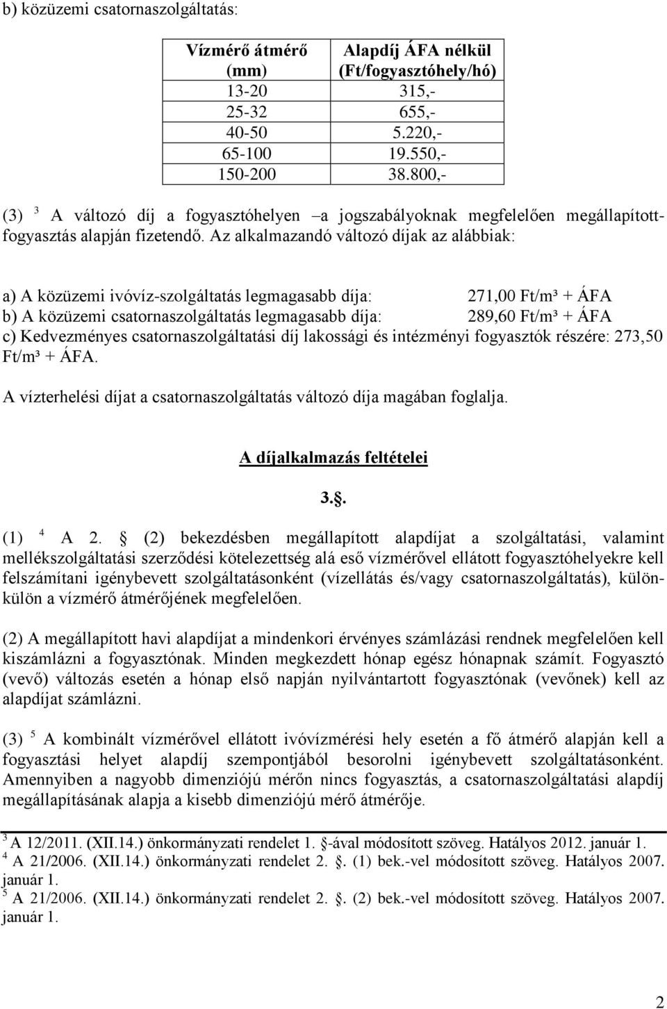 Az alkalmazandó változó díjak az alábbiak: a) A közüzemi ivóvíz-szolgáltatás legmagasabb díja: 271,00 Ft/m³ + ÁFA b) A közüzemi csatornaszolgáltatás legmagasabb díja: 289,60 Ft/m³ + ÁFA c)