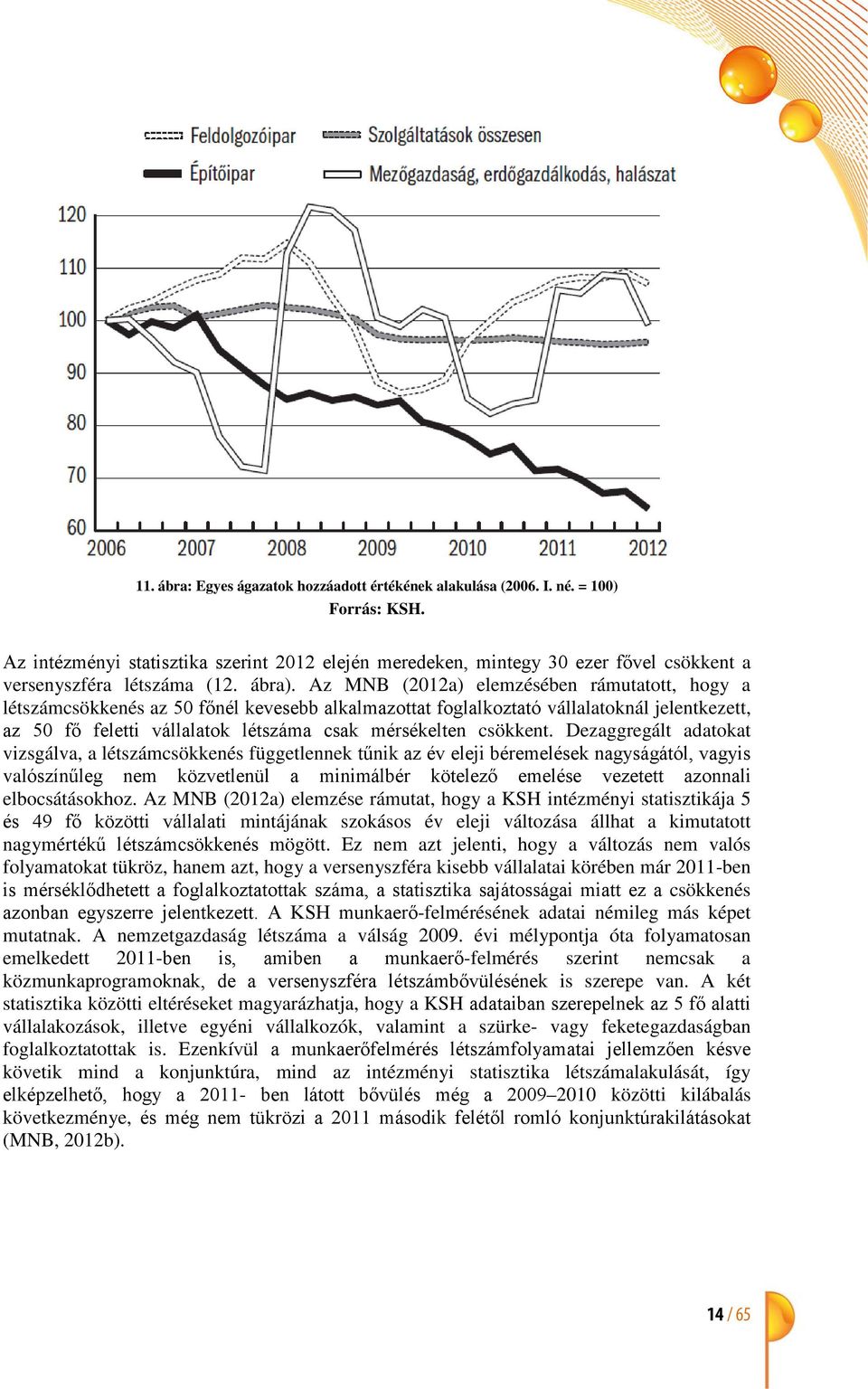 Az MNB (2012a) elemzésében rámutatott, hogy a létszámcsökkenés az 50 főnél kevesebb alkalmazottat foglalkoztató vállalatoknál jelentkezett, az 50 fő feletti vállalatok létszáma csak mérsékelten